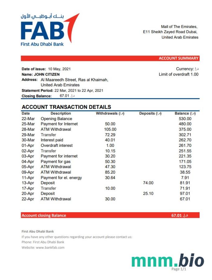 ZEA Emirates NBD wyciąg bankowy z konta Word i szablon PDF, 2 strony